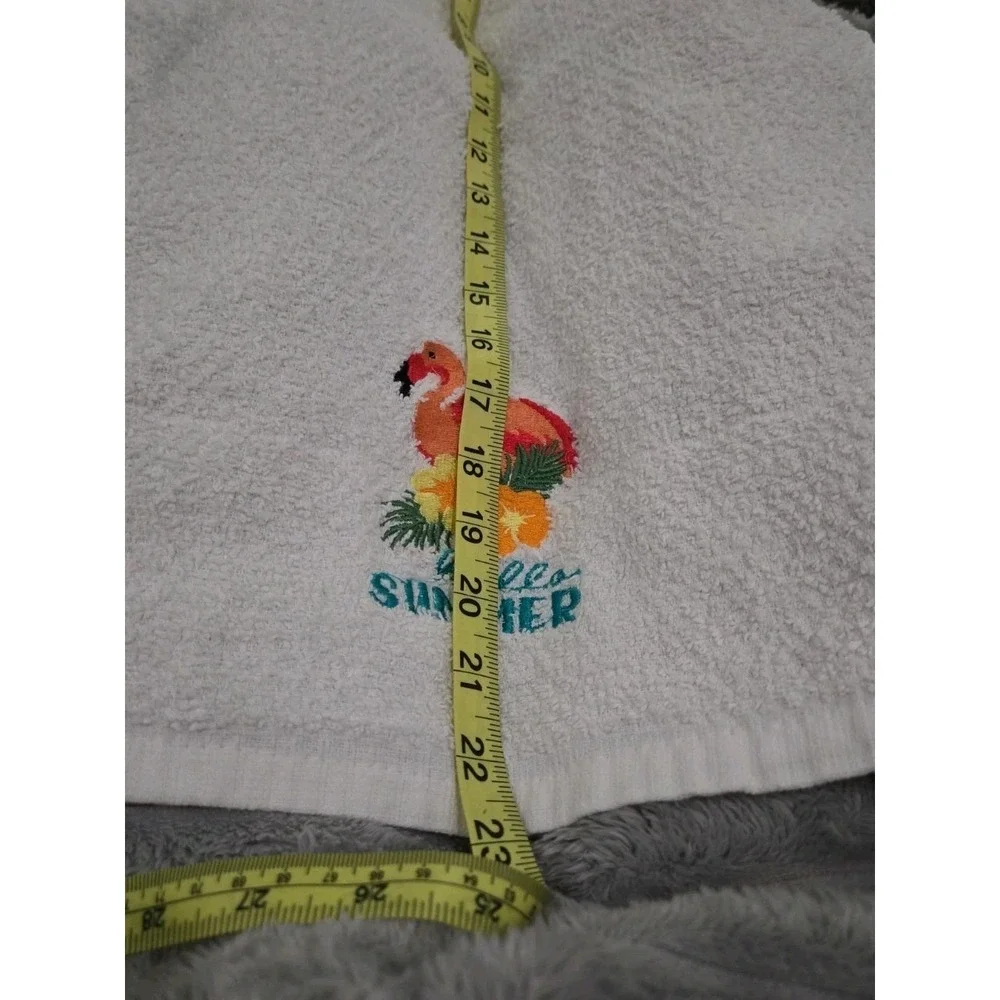 Embroidered White Bathroom Hand Towel  Tropical Plants Pink Flamingo